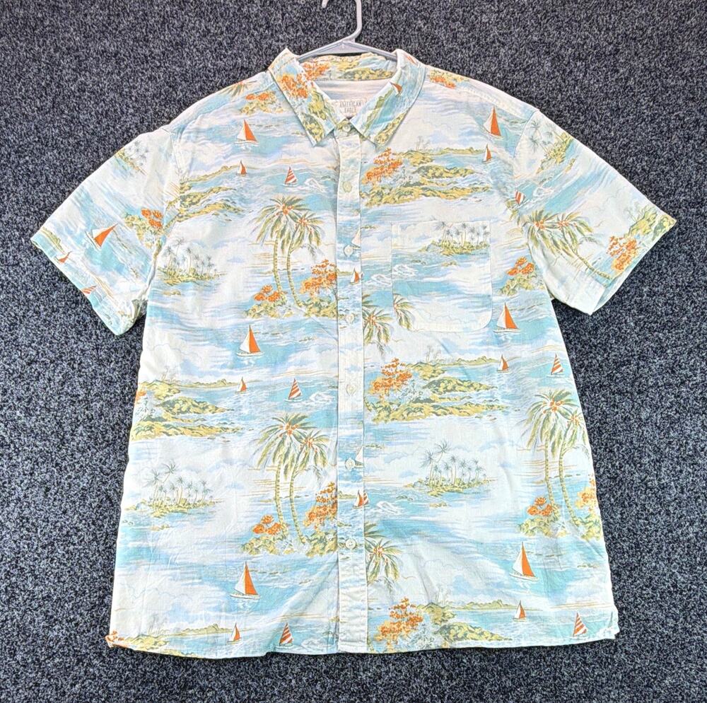 American Eagle Men's XXL Blue Hawaiian Tropical S/S Button-Up Pockets
